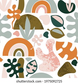 Abstract shapes seamless vector background. Organic plant and rainbow repeating contemporary background. Leaves pink orange blue modern design for fabric, wrapping, wallpaper.