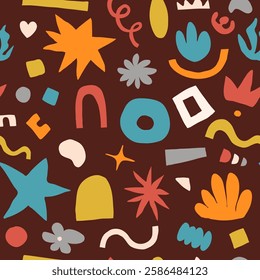 Abstract shapes seamless vector background. Organic graphic design elements in naive modern flat style. Hand drawn doodle figure forms in retro color. Minimal simple cool trendy symbols.