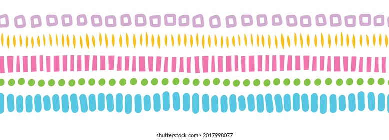 Abstract shapes seamless vector border. Repeating horizontal pattern colorful hand drawn stripes, dots, brush strokes illustration. Kids banner, footer, divider, fabric trim, ribbon, wall decal s