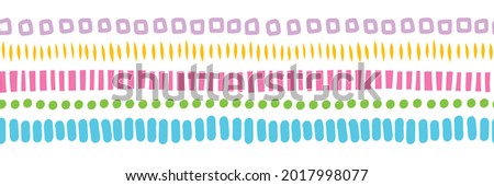 Abstract shapes seamless vector border. Repeating horizontal pattern colorful hand drawn stripes, dots, brush strokes illustration. Kids banner, footer, divider, fabric trim, ribbon, wall decal s