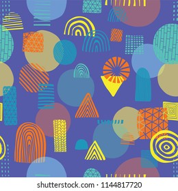Abstract shapes seamless vector pattern. Triangles, circles, rectangles, half circles orange, yellow, and blue on a blue background. Modern pattern design. Great for the childrens market. Kids market.