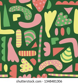 Abstract shapes seamless vector pattern. Simple elements pink, yellow, green background Scandinavian style. Modern happy kids print. Use for girl decor, fabric, paper, poster, packaging, wallpaper, 