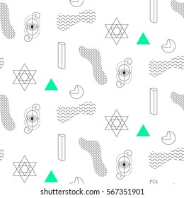 Abstract shapes seamless vector pattern. Sacred elements, color block figures in eighties fashion style. Geometry lines on white.