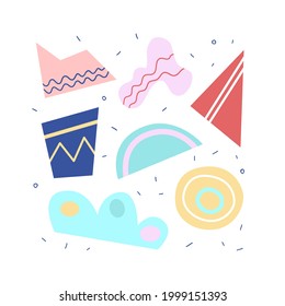 Conjunto de formas abstractas, figuras abstractas. Círculos, nubes, garabatos triángulos. Abstracción, las formas geométricas empacan aisladas en fondo blanco. Colección de dibujos en color.