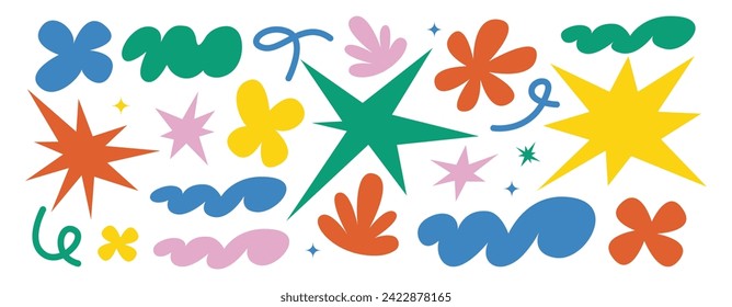 Abstract  shapes set. Groovy funky flower, bubble, star, loop, waves in trendy retro 90s cartoon style. Vector illustration with wavy and spiral elements.