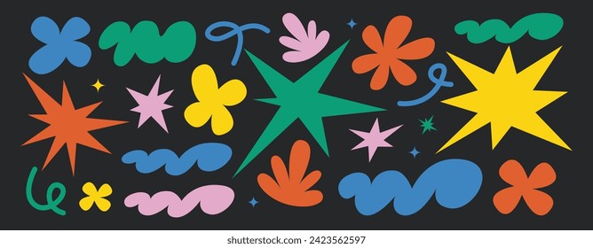 Abstract  shapes set. Groovy funky flower, bubble, star, loop, waves in trendy retro 90s cartoon style. Vector illustration with wavy and spiral elements.