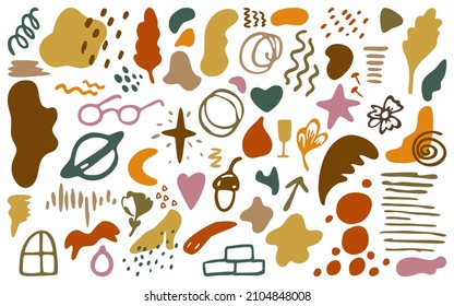 Formas abstractas dibujadas a mano en estilo doodle. Puntos, manchas, rayas, flores, gafas, planeta, zapatos, estrella, vidrio, zigzag, caligrafía, hojas. Para el diseño o la decoración en un bonito estilo informal.