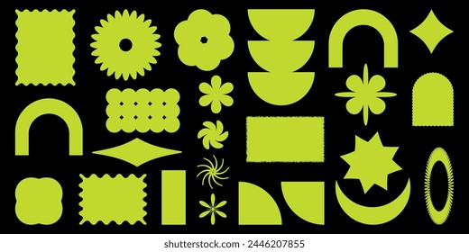  Abstract Shapes set in trendy retro groovy y2k aesthetic.Brutal figure and Element,flower,star,Sticker.Geometric Modern memphis design.Simple Swiss shapes.Vector illustration.