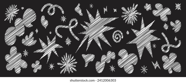 Abstract shapes set with trendy scribble texture. Contemporary aesthetic element for logo, decoration, sticker. Vector illustration