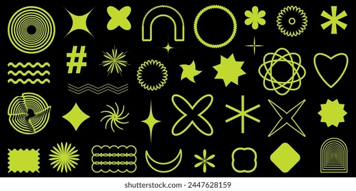 Abstract Shapes set y2k style for banner.Groovy Retro Y2k aesthetic.Trendy geometric forms for banner,stickers,poster.Simple 90s shapes,Flower,spiral,wave.Elements 2000s.Brutalist Vector.
