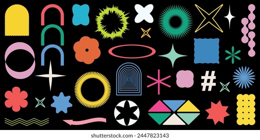 Abstract Shapes set y2k style for banner.Groovy Retro Y2k aesthetic.Trendy 90s geometric forms for banner,stickers,poster.Simple shapes,Flower,spiral,wave.Elements 2000s.Abstract brutal forms.