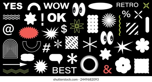 Abstract Shapes set y2k style for banner. Groovy Retro Y2k aesthetic.Trendy 90s.Trendy geometric forms for banner,stickers.Simple shapes,Flower,spiral,wave.Elements 2000s.Brutalist Vector.