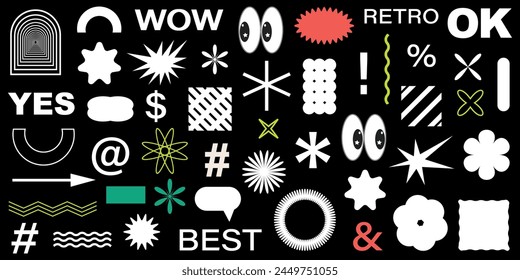 Abstract Shapes set y2k style for banner. Groovy Retro Y2k aesthetic.Trendy 90s.Trendy geometric forms for banner,stickers,poster.Simple shapes,Flower,spiral,wave.Elements 2000s.Vector illustration.Ab