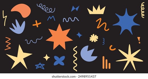 Abstract shapes set with Y2k style, simple flowers, cute minimalistic vector sticker kit, stars, wavy objects. Geometric frames, flat basic shapes, colorful futuristic design graphics