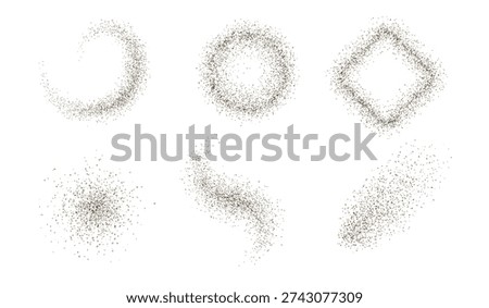 Abstract shapes of small particles, dust, sand, or glitter, textured grain. Semicircle, circle, diamond, spot, explosion, spiral. Grunge style. Overlay effect. Frame, realism. Vector illustration.