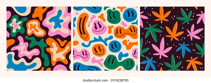 Abstract shapes, smiling faces, curves, cannabis. Lava lamp, petrol stain style. Retro vintage colors. Set of three Hand drawn Vector seamless Patterns. Background, wallpaper, wrapping paper