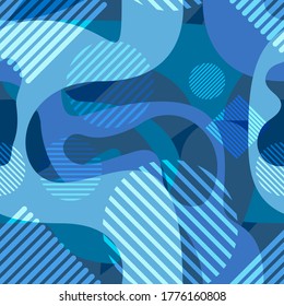 abstract shapes with smooth edges and geometric striped shapes overlap each other on a dark background. Abstract seamless pattern in blue tones. vector
