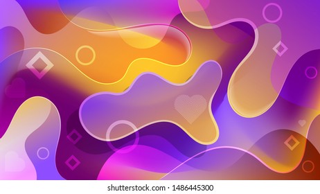 abstract shapes with smooth wavy edges, geometric shapes, striped hearts, shadows and highlights create a fantastic background in yellow-pink-purple tones. art wallpaper. vector

