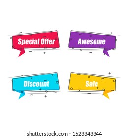 Abstract shapes with special offer, awesome, discount, sale text. Flat linear promotion ribbon banner, scroll, price tag, sticker in four color choices with outline. Vector graphic isolated icon set.