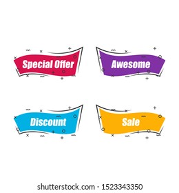 Abstract shapes with special offer, awesome, discount, sale text. Flat linear promotion ribbon banner, scroll, price tag, sticker in four color choices with outline. Vector graphic isolated icon set.