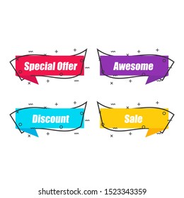 Abstract shapes with special offer, awesome, discount, sale text. Flat linear promotion ribbon banner, scroll, price tag, sticker in four color choices with outline. Vector graphic isolated icon set.