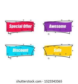 Abstract shapes with special offer, awesome, discount, sale text. Flat linear promotion ribbon banner, scroll, price tag, sticker in four color choices with outline. Vector graphic isolated icon set.