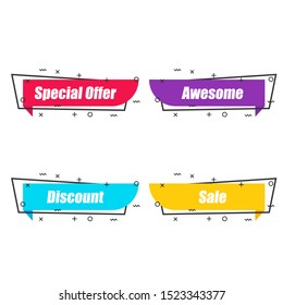 Abstract shapes with special offer, awesome, discount, sale text. Flat linear promotion ribbon banner, scroll, price tag, sticker in four color choices with outline. Vector graphic isolated icon set.