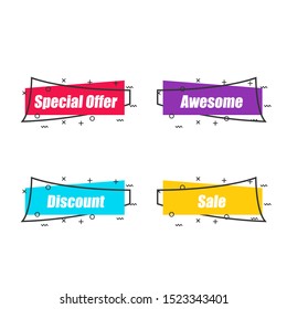 Abstract shapes with special offer, awesome, discount, sale text. Flat linear promotion ribbon banner, scroll, price tag, sticker in four color choices with outline. Vector graphic isolated icon set.