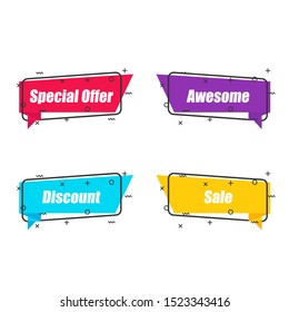 Abstract shapes with special offer, awesome, discount, sale text. Flat linear promotion ribbon banner, scroll, price tag, sticker in four color choices with outline. Vector graphic isolated icon set.