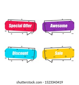 Abstract shapes with special offer, awesome, discount, sale text. Flat linear promotion ribbon banner, scroll, price tag, sticker in four color choices with outline. Vector graphic isolated icon set.