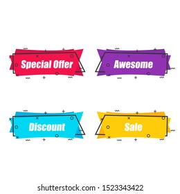 Abstract shapes with special offer, awesome, discount, sale text. Flat linear promotion ribbon banner, scroll, price tag, sticker in four color choices with outline. Vector graphic isolated icon set.