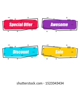 Abstract shapes with special offer, awesome, discount, sale text. Flat linear promotion ribbon banner, scroll, price tag, sticker in four color choices with outline. Vector graphic isolated icon set.