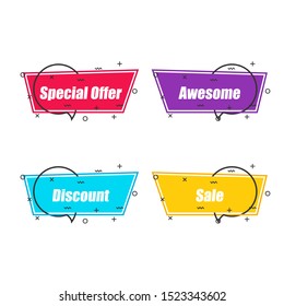 Abstract shapes with special offer, awesome, discount, sale text. Flat linear promotion ribbon banner, scroll, price tag, sticker in four color choices with outline. Vector graphic isolated icon set.
