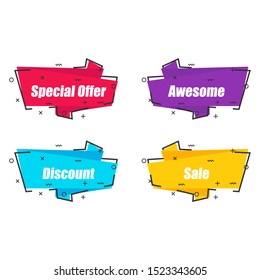 Abstract shapes with special offer, awesome, discount, sale text. Flat linear promotion ribbon banner, scroll, price tag, sticker in four color choices with outline. Vector graphic isolated icon set.