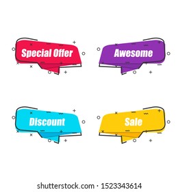 Abstract shapes with special offer, awesome, discount, sale text. Flat linear promotion ribbon banner, scroll, price tag, sticker in four color choices with outline. Vector graphic isolated icon set.