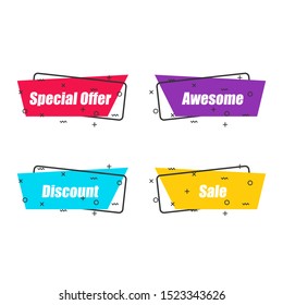 Abstract shapes with special offer, awesome, discount, sale text. Flat linear promotion ribbon banner, scroll, price tag, sticker in four color choices with outline. Vector graphic isolated icon set.