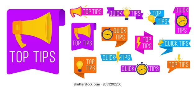 Abstract shapes, speech bubbles, lightbulbs, exclamation marks with text. Quick tips letterings set. Helpful tricks logos, emblems and banners. Useful illustration of an idea, solution. Vector