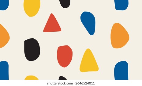Abstrakte Formen, die sich über einen minimalistischen Hintergrund verteilen und die Primärfarben kunstvoll zeigen