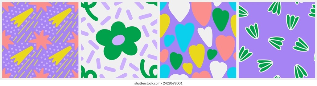 Abstract shapes of star, flower, heart, seashell seamless pattern set. Hand drawn colorful vector illustration background