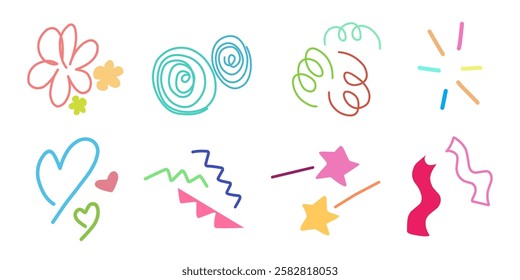 Abstract shapes sticker pack. Element set of decorative organic symbol. Doodle, flower, heart, star, confetti, lines in trendy cartoon style. Simple icon and colorful drawing. Vector illustration.