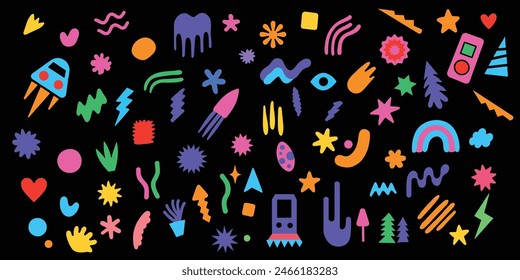 Abstract shapes sticker pack. Groovy funky flower, bubble, star, loop, waves in trendy retro 90s 00s cartoon style. Vector illustration with design elements.