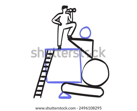 Abstract shapes in structure or system and result analysis. Data and information analytics and order in doodle line drawing style. Vector illustration of person with binoculars search balance harmony.