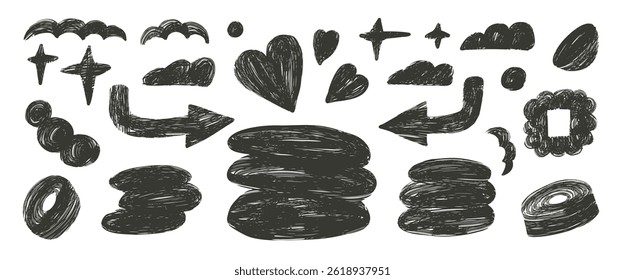 Abstract shapes and text boxes charcoal drawn set. Naive doodle figures on white background. Callouts frames geometric forms elements. Vector silhouette illustration by pencil.