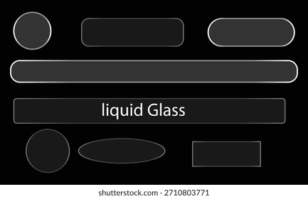 Abstract shapes and text representing liquid glass on a dark background