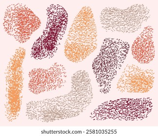 Abstract shapes with texture in warm earthy tones. Vector textured figures of various abstract forms isolated on a light background for packaging, branding, web design, apps etc. 