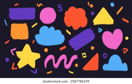 Abstract shapes in trendy crayon style on black background. Different vector hand drawn elements, clouds, heart, star kids figures isolated collection. Geometric texture graphics for your design
