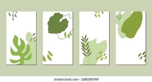 Abstract shapes and tropical leaves. Green exotic templates for highlight stories cover. Trendy design for social media, ecology design, flyer, banner and card