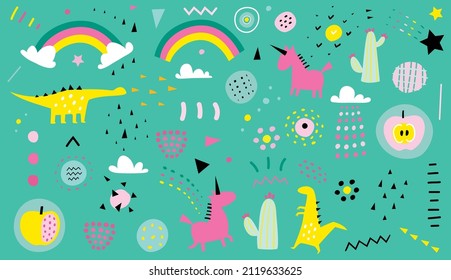 Abstract shapes of unicorns, dinosaurs and rainbows for modern kids design. Prints on textile, abstract art for children. Creative hand drawn raspberry and apples. Vector design for kids.