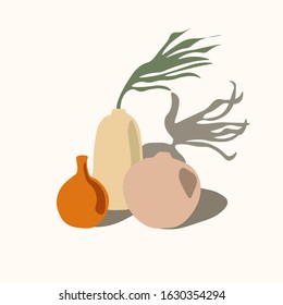 Abstract Shapes Vase Poster. Vector Modern Minimalistic. Collection of ceramic vases and its falling shadow. Flat cartoon design. Aesthetic composition in pastel colors.