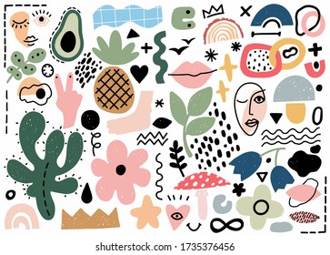 Abstract shapes vector collection. Modern shape geometric texture trendy pattern. Doodle art illustration, graphic design background. Wallpaper collage element. Simple flower, face contemporary color